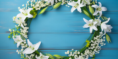 White Lily Flowers Bouqet Border on blue background, Flower Crown Women Girl Garland Wedding Hair Headband Wreath Party Beach Wedding,  Round wreath of white flowers with leaves, generative Ai