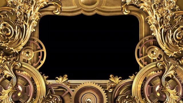 Frame With Golden Steampunk Decor And Numerous Working Elements. Animation On The Theme Of Engineering, Fantasy And Industry.