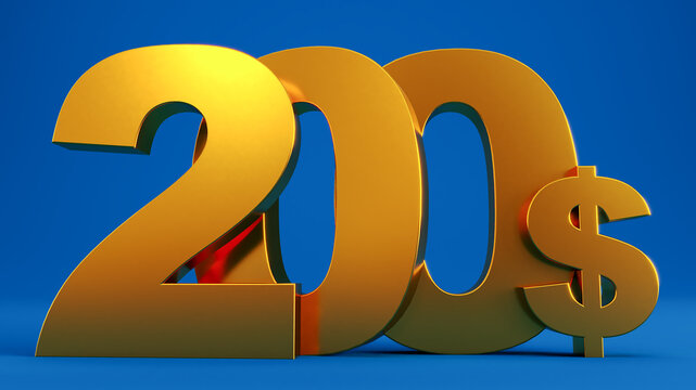 3D render of gold two hundred dollars on blue background, golden 200 dollars