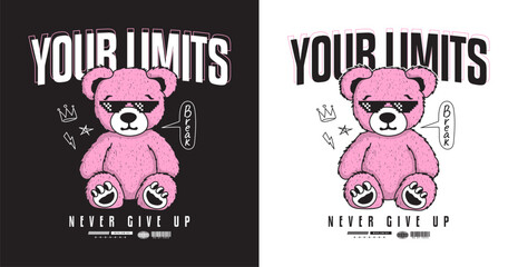 Pink teddy bear in pixel sunglasses and slogan for t-shirt design. Tee shirt with cartoon pink bear toy in cool pixelated sunglasses. Apparel print design. Vector.