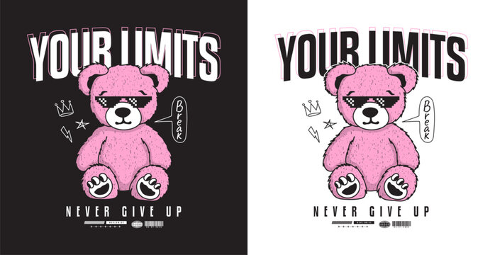 Naklejki Pink teddy bear in pixel sunglasses and slogan for t-shirt design. Tee shirt with cartoon pink bear toy in cool pixelated sunglasses. Apparel print design. Vector.