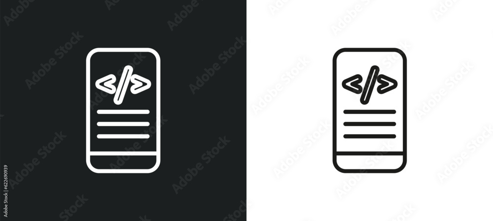 Poster mobile development outline icon in white and black colors. mobile development flat vector icon from 