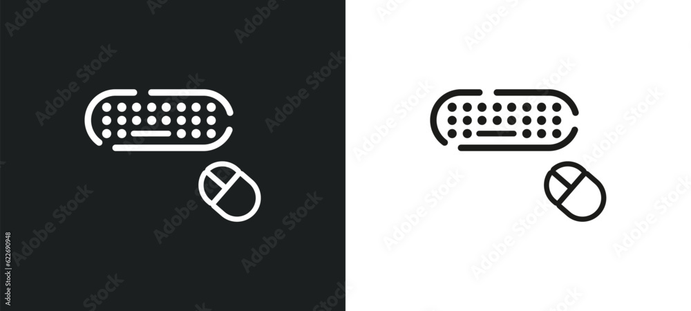 Poster keyboard and mouse outline icon in white and black colors. keyboard and mouse flat vector icon from 