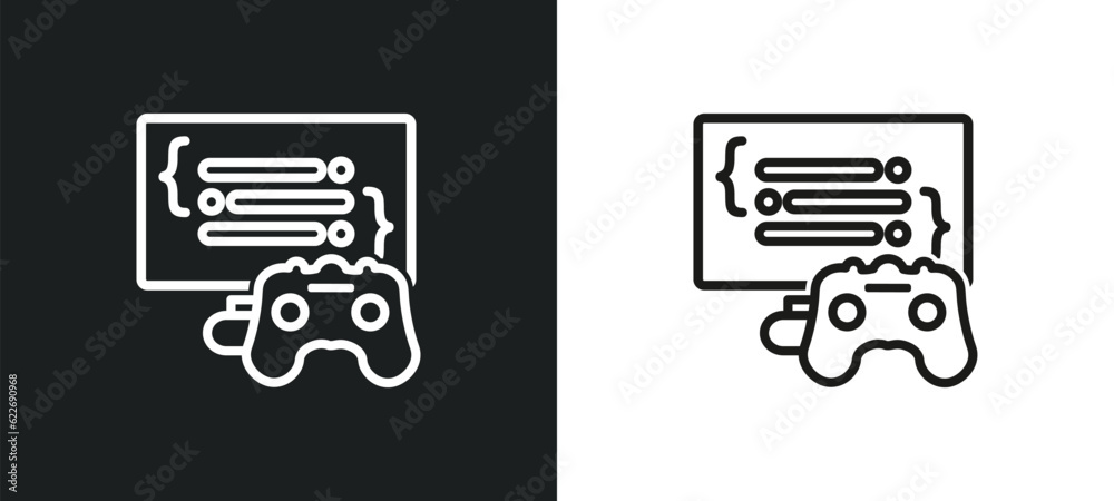 Poster game development outline icon in white and black colors. game development flat vector icon from prog