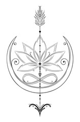 Lotus mit Pfeil Tattoo. Lotusblume Lotusblüte mit Infinity Symbol Mond und Pfeil. Vektor Design für Yoga Zen und Meditation.	