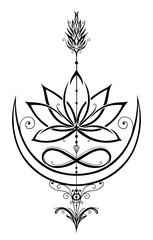 Lotus mit Pfeil Tattoo. Lotusblume Lotusblüte mit Infinity Symbol Mond und Pfeil. Vektor Design für Yoga Zen und Meditation. - 622690971