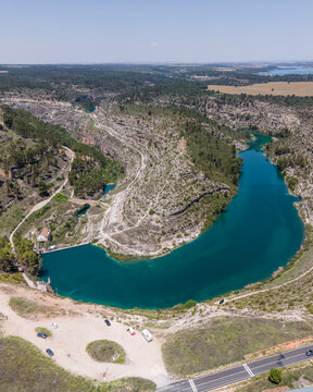 Aerial view of Rio Jucar, a river crossing the canyon near Alarcon in Cuenca, Spain.
