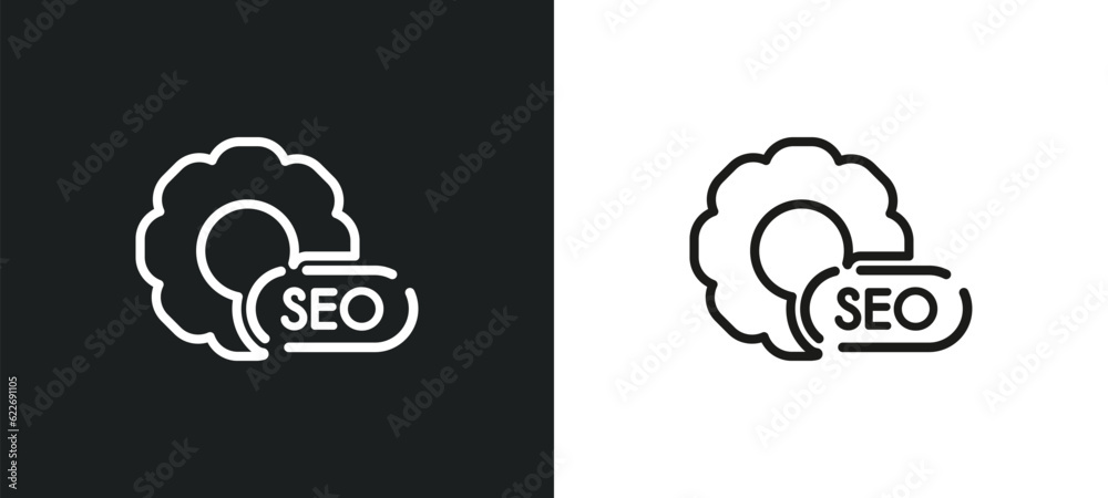 Poster seo outline icon in white and black colors. seo flat vector icon from programming collection for web
