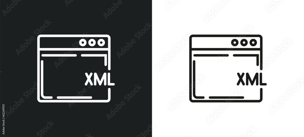 Poster xml outline icon in white and black colors. xml flat vector icon from programming collection for web