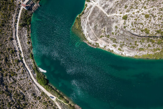Aerial view of Rio Jucar, a river crossing the canyon near Alarcon in Cuenca, Spain.