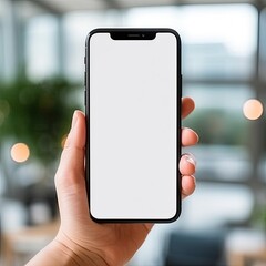 A woman hand is holding a mobile phone with a plain white screen for mockup