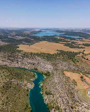 Aerial view of Rio Jucar, a river crossing the canyon near Alarcon in Cuenca, Spain.
