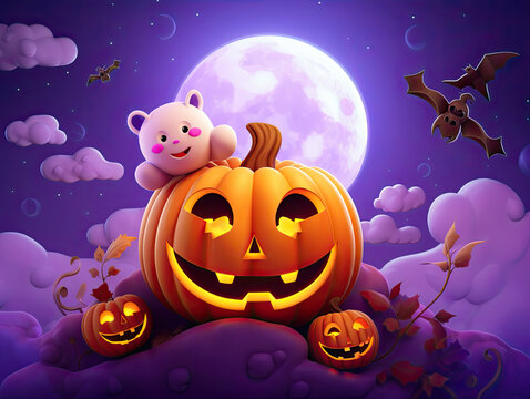 On Halloween night, a purple moon casts its eerie light, while grinning pumpkins and a flying bat infuse the scene with enchantment and spookiness