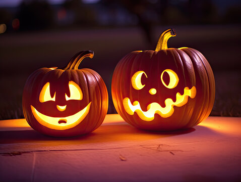The spirit of Halloween shines through twin pumpkins, their glowing smiles illuminating the night with enchanting delight