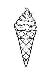 Cartoon ice cream in waffle cups cone. Vector doodle illustration of a summer dessert sketch. Single sketch isolate on white.
