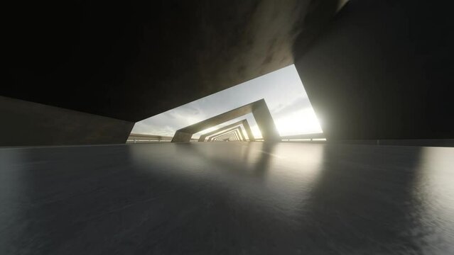 View of architecture tunnel on the highway with empty asphalt road, 3d rendering. Loop animation.