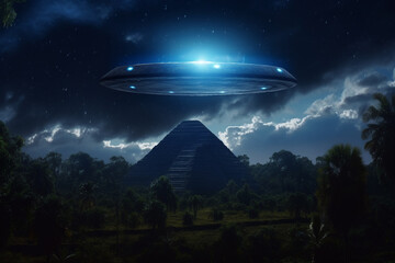 Fototapeta na wymiar Sci-fi and fantasy concept. UFO and extraterrestrial ships flying over Mexico pyramids in jungles during night and glowing blue light. Generative AI