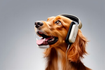 dog with a phone and headphones making a call - 622693185