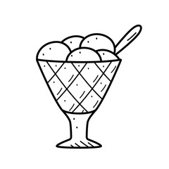 Ice cream in creamers and baskets doodle style. Vector illustration of summer refreshing dessert. Icon for the cafe restaurant menu. Single sketch isolate on white.
