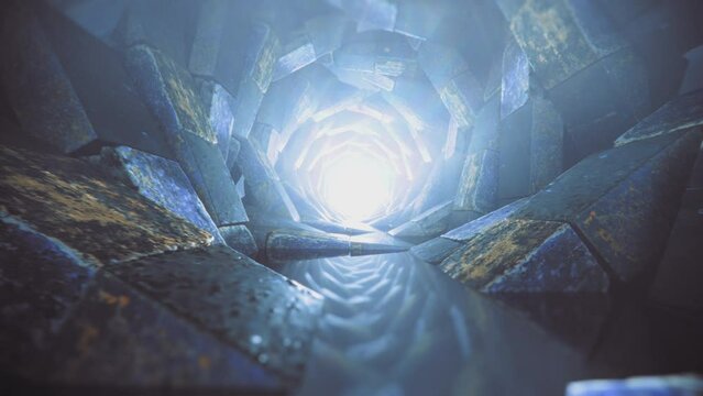 Rotating stone blocks with glowing magical gate. Gateway to heaven. Fantasy, science fiction 3D animation. Portal into another dimension. Pathway concept. Bright, glowing doorway, entrance. 