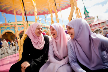 A group of young muslim women wearing headscarves having fun together at the fair - 622693315