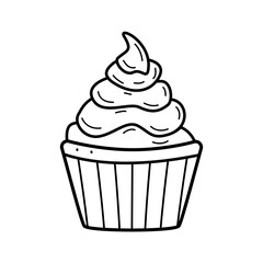 Ice cream in creamers and baskets doodle style. Vector illustration of summer refreshing dessert. Icon for the cafe restaurant menu. Single sketch isolate on white.