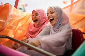A group of young muslim women wearing headscarves having fun together at the fair - 622693346