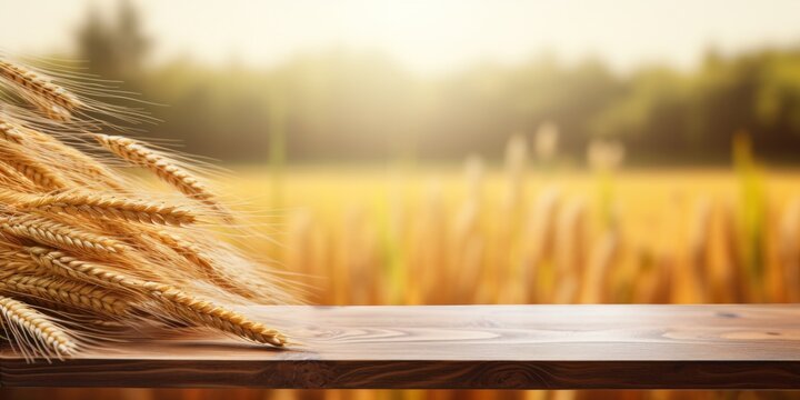 wheat crops on a wooden table with free space for text