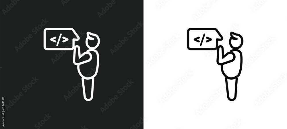 Poster programmer outline icon in white and black colors. programmer flat vector icon from people skills co