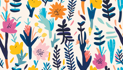 Fototapeta premium Artistic hand drawn cartoon cute style ornament pattern. Floral abstract trendy colorful print. Fashionable vector template for your design