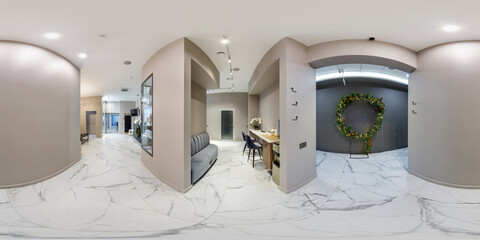 full hdri 360 panoramain in corridor of dental clinic in front of doors to treatment rooms in equirectangular projection, VR content