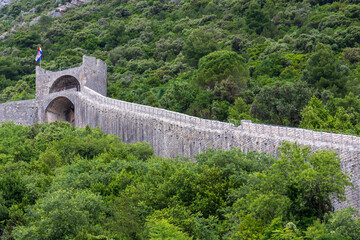 Ston, Croatia 05-06-2023.  View of Ston wall old fortress in Croatia.