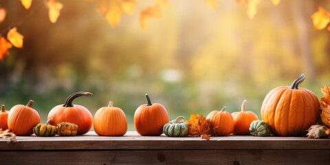 Wooden table with orange pumpkin harvest with free space for text