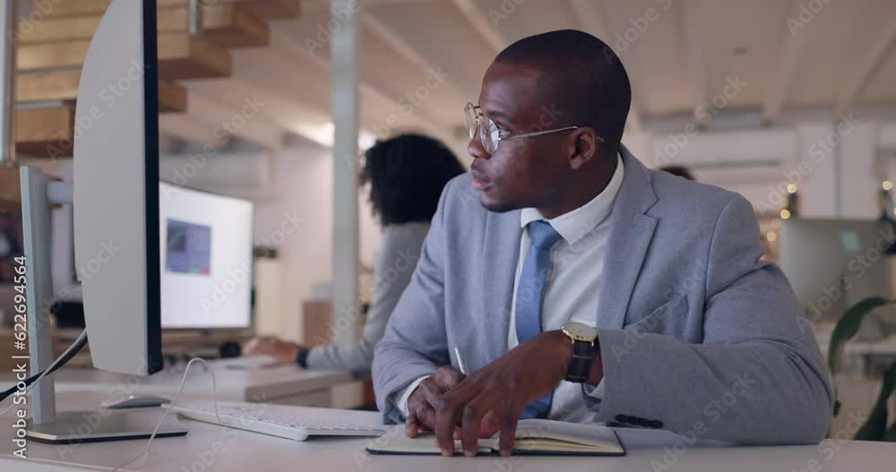 Aufkleber computer, writing and business with black man in office for research, solution or problem solving. t