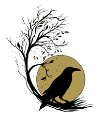 Obraz premium Rabe Kr√§he Mond und Baum Silhouette f√ºr Herbst Vektor.