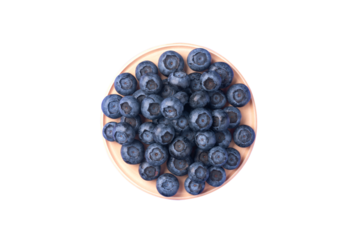Ripe blueberries in the wooden bowl. Top view, summer berries isolated on transparent background