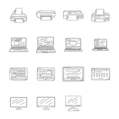 Gadgets doodle set, Printer, computer tablet, laptop, and monitor doodle vector 