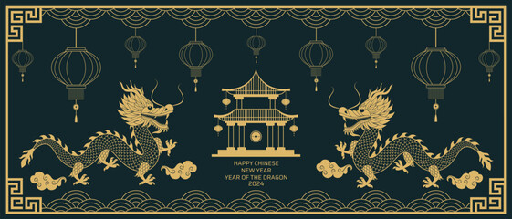 Happy chinese new year 2024 .Zodiac sign. Golden dragon on red background. New year background