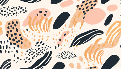 Bohemian hand drawn minimal abstract pattern with leopards skin. Collage contemporary seamless pattern. Fashionable template for design