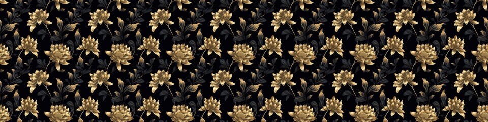 Abstract luxury elegant floral organic texture wallpaper banner illustration - Gold line art leaves on dark background, seamless pattern Generative Ai