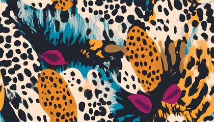 Exotic hand drawn abstract leopard skin and flowers pattern. Collage black and white print. Fashionable template for design.