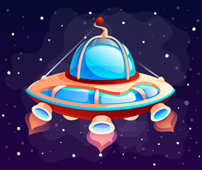 Space game element. Cartoon space object spaceship, flying saucer on outer space background. The alien ship, unknown flying object cosmic element on a dark blue background vector illustration