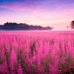 Fototapeta na wymiar Pink meadow on a warm evening with pink clouds