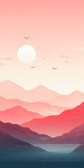 Landscape with mountains at sunset. illustration art. Colorful gradient. created with generative AI technology.