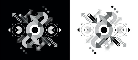 Design of geometric shapes, rounds, and arrows pointing in different directions. Grayscale abstract vector images isolated on a black and on a white backgrounds.