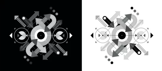 Fotobehang Design of geometric shapes, rounds, and arrows pointing in different directions. Grayscale abstract vector images isolated on a black and on a white backgrounds. ©  danjazzia