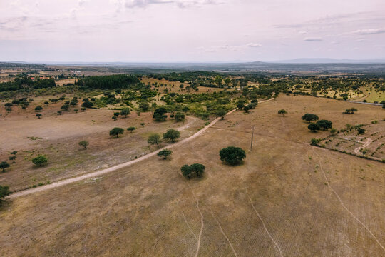 Aerial view of the countryside along the Spanish and Portuguese border, Zebreira, Castel Branco, Portugal.