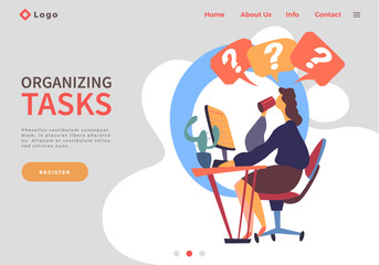 Website concept. Woman sitting at table, working with computer, drinking tea or coffee. Busy office worker is puzzled, with a lot of answers above head. Effectively organizing tasks, time work