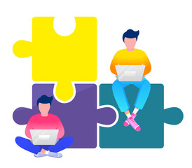 Business process illustration. Two males sitting on big metaphoric puzzle, working on laptops, teamwork cooperation, workflow, team inspiration, team spirit, free position, freelancers, collaboration