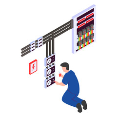 Repair of electricity distribution in Factory cellar isometric Concept vector icon design, Electrical engineer symbol, Wiring specialist Sign, maintenance technician tools stock illustration